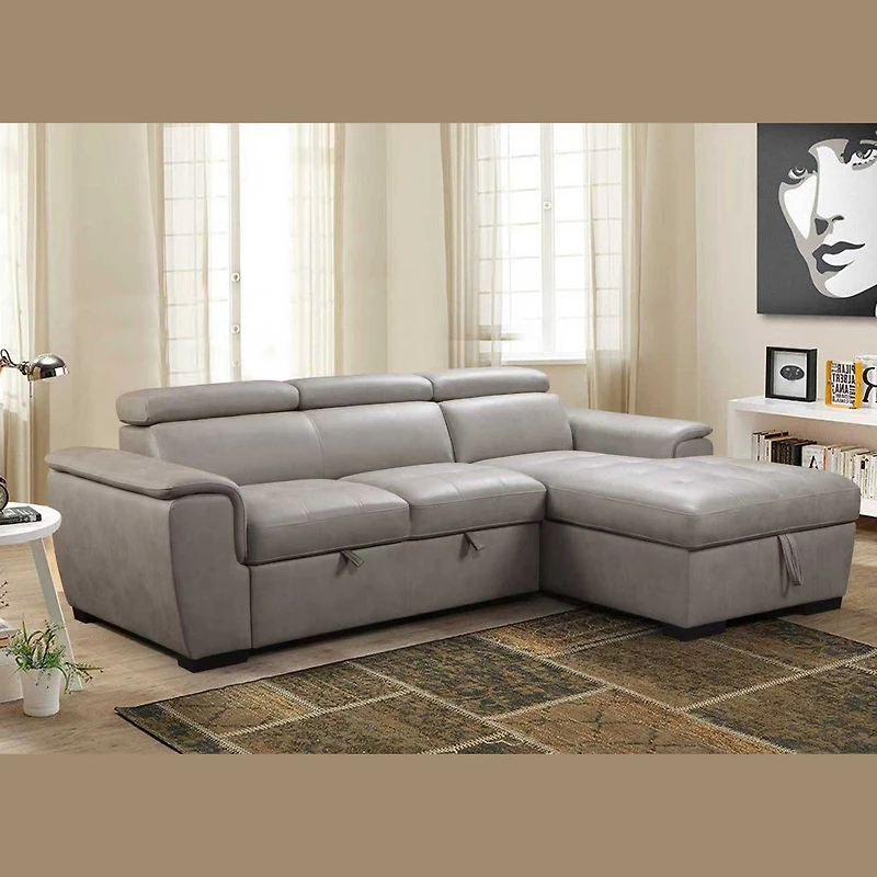 Romi Sofa Sleeper Sectional  with Adjustable Headrest,  Pull-Out Sleeper & Right Storage  Chaise – Light Grey