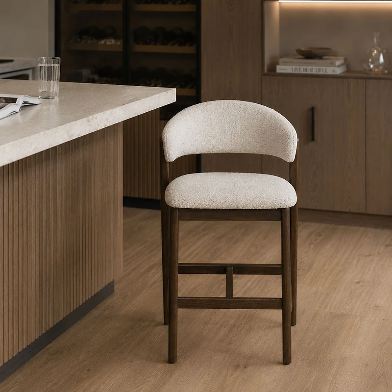 Brina Counter Stool - Beige Upholstery & Dirty Oak Wood Frame