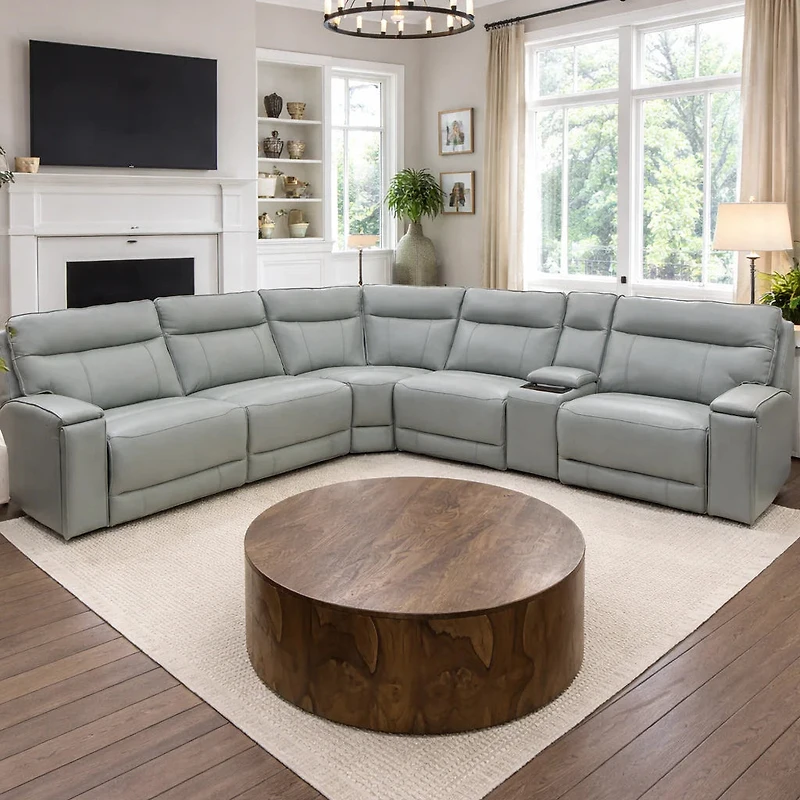 Maceo Genuine Leather Modular Recliner Sectional - Grey
