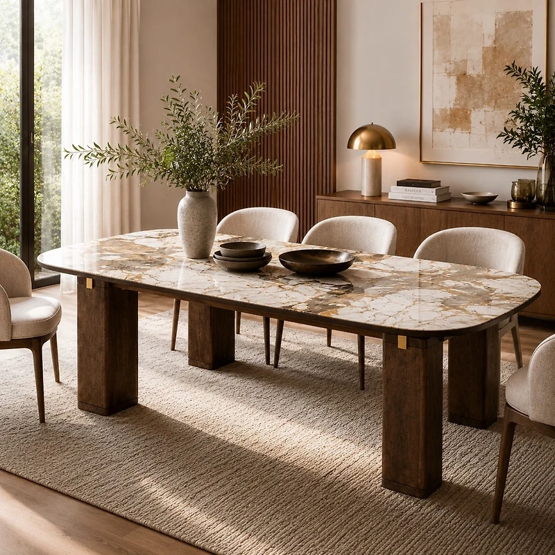 Calvora Modern Dining Table with Walnut Veneer & Ceramic Top