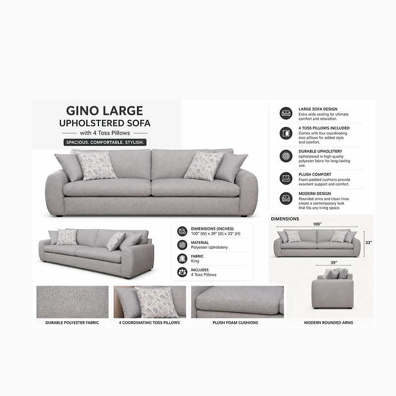Gino Large Upholstered Sofa with 4 Toss Pillows