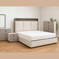 Joan Lift-Up Storage Bed with LED Headboard – Glossy Grey-Beige & Champagne Gold