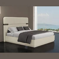 Elara Modern Platform Bed with Upholstered Headboard – Beige High Gloss