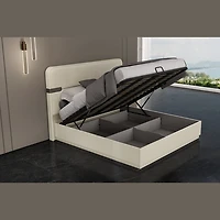 Elara Modern Platform Bed with Upholstered Headboard – Beige High Gloss