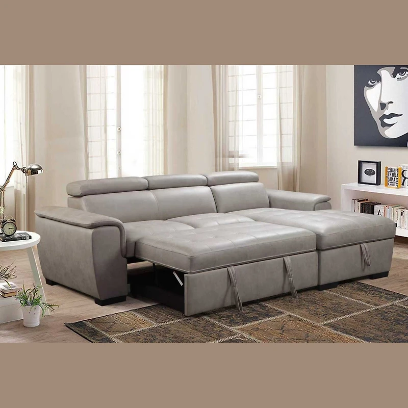 Romi Sofa Sleeper Sectional  with Adjustable Headrest,  Pull-Out Sleeper & Right Storage  Chaise – Light Grey