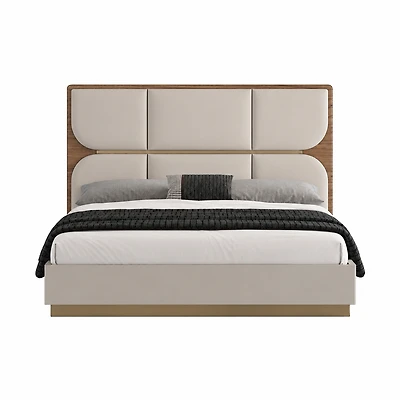 Elvona Modern Platform Bed with Upholstered Headboard – Flannel Grey & Walnut