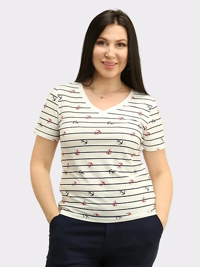 Striped Anchor V-Neck Top