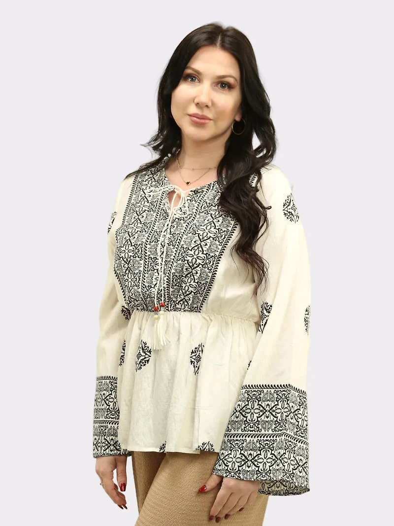 Geometric Tassel Tie Boho Blouse