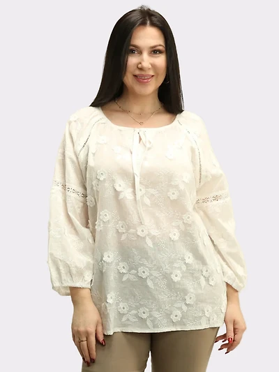 Floral Embroidered Tie-Front Blouse
