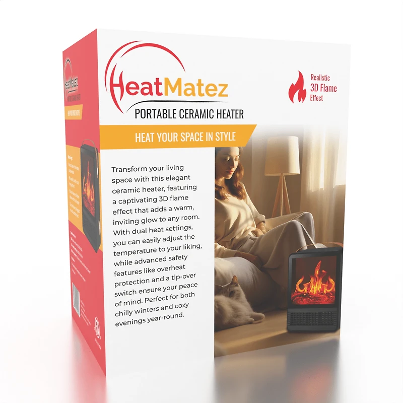 HeatMatez Portable Ceramic Heater - Realistic 3D Flame Effect!