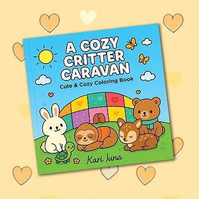 "A Cozy Critter Caravan" Cute Coloring Book for Adults and Teens By Kari Juna (44 Pages)