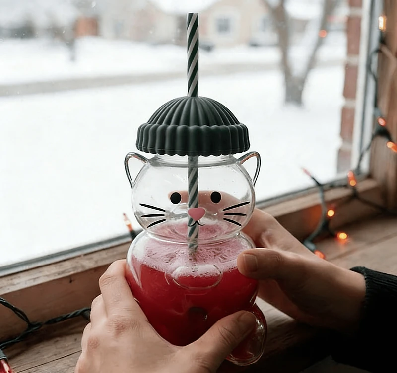 Cat Shaped 20oz Glass Tumbler w/ Grey Hat Top & Matching Straw (1pc)