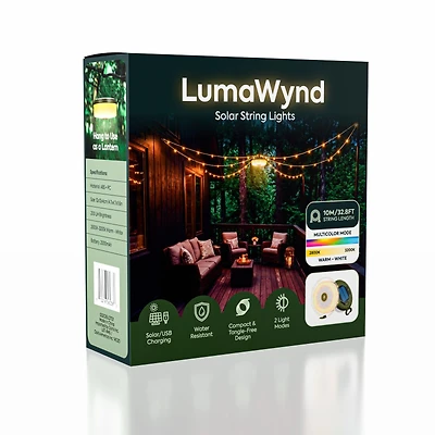 LumaWynd Solar String Lights – 10M Wind-Up LED Outdoor Lights (USB + Solar)