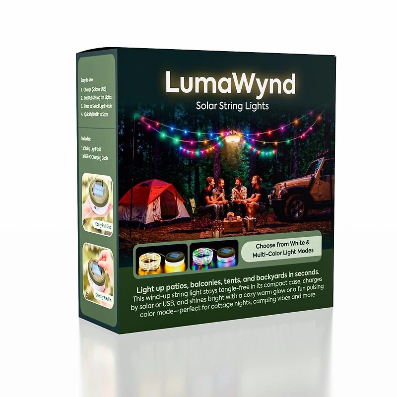 LumaWynd Solar String Lights – 10M Wind-Up LED Outdoor Lights (USB + Solar)