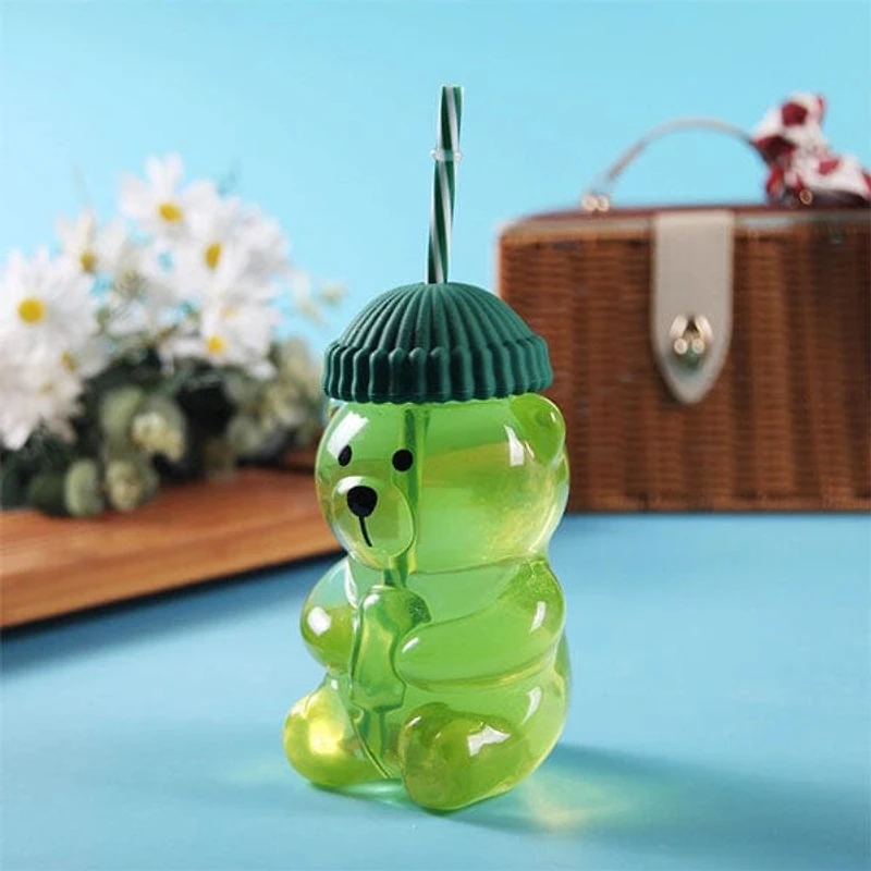 Teddy Bear Shaped 20oz Glass Tumbler w/ Hat Top & Reusable Straw (1pc) Color Ships Assorted