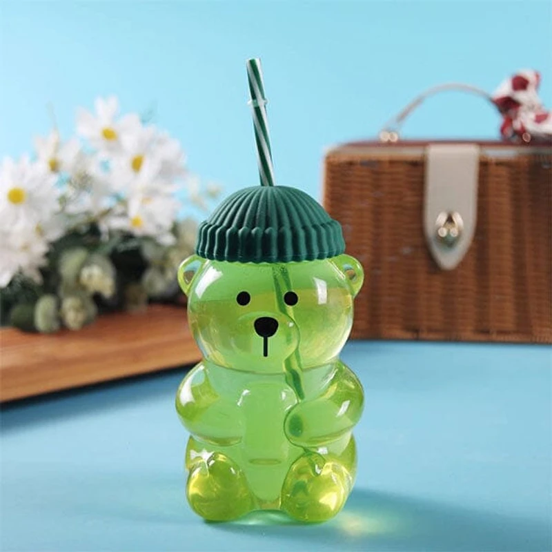 Teddy Bear Shaped 20oz Glass Tumbler w/ Hat Top & Reusable Straw (1pc) Color Ships Assorted