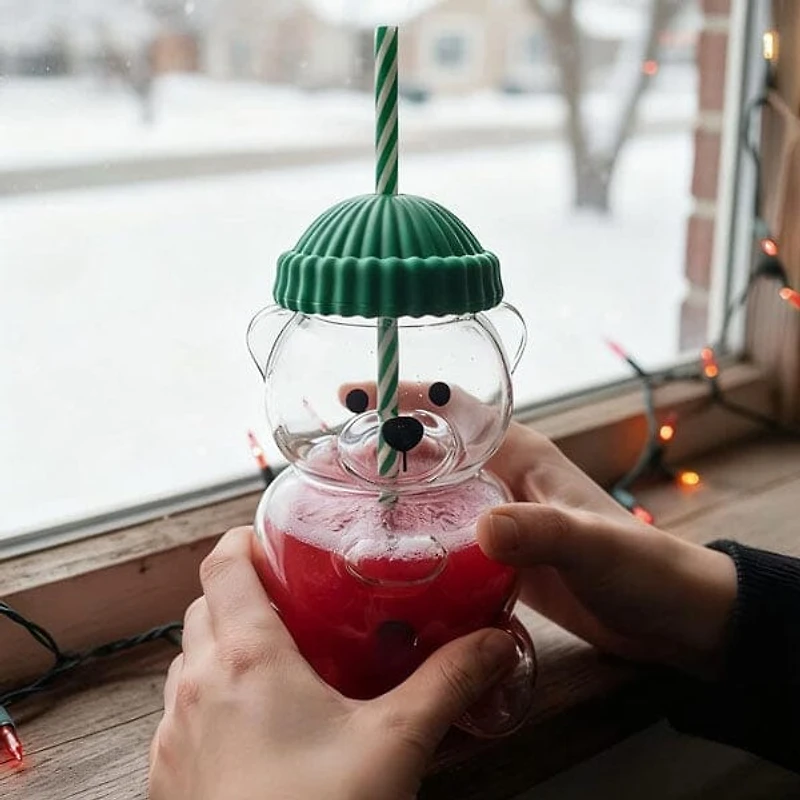 Teddy Bear Shaped 20oz Glass Tumbler w/ Hat Top & Reusable Straw (1pc) Color Ships Assorted