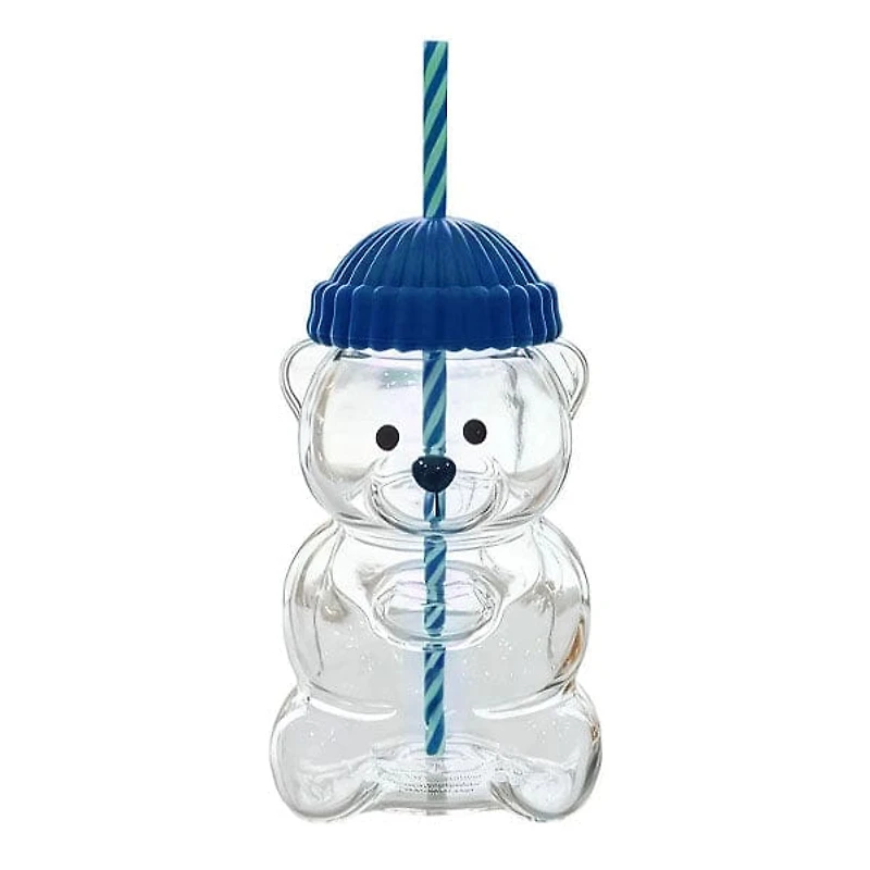 Teddy Bear Shaped 20oz Glass Tumbler w/ Hat Top & Reusable Straw (1pc) Color Ships Assorted
