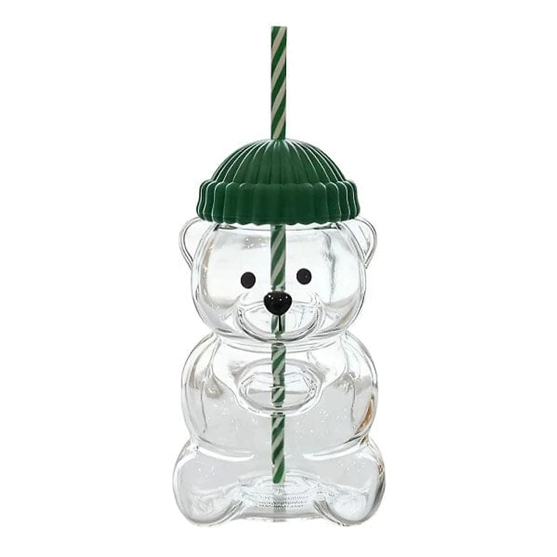 Teddy Bear Shaped 20oz Glass Tumbler w/ Hat Top & Reusable Straw (1pc) Color Ships Assorted