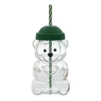 Teddy Bear Shaped 20oz Glass Tumbler w/ Hat Top & Reusable Straw (1pc) Color Ships Assorted