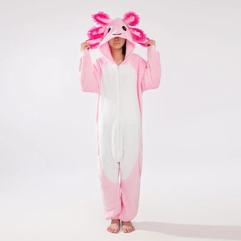 Cozy Cuddler Axolotl Flannel Onesie For Adults & Kids (1pc) Multiple Sizes