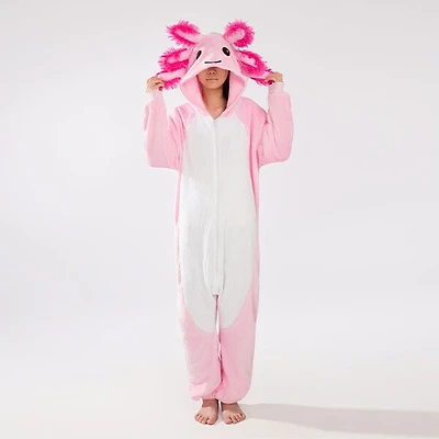 Cozy Cuddler Axolotl Flannel Onesie For Adults & Kids (1pc) Multiple Sizes