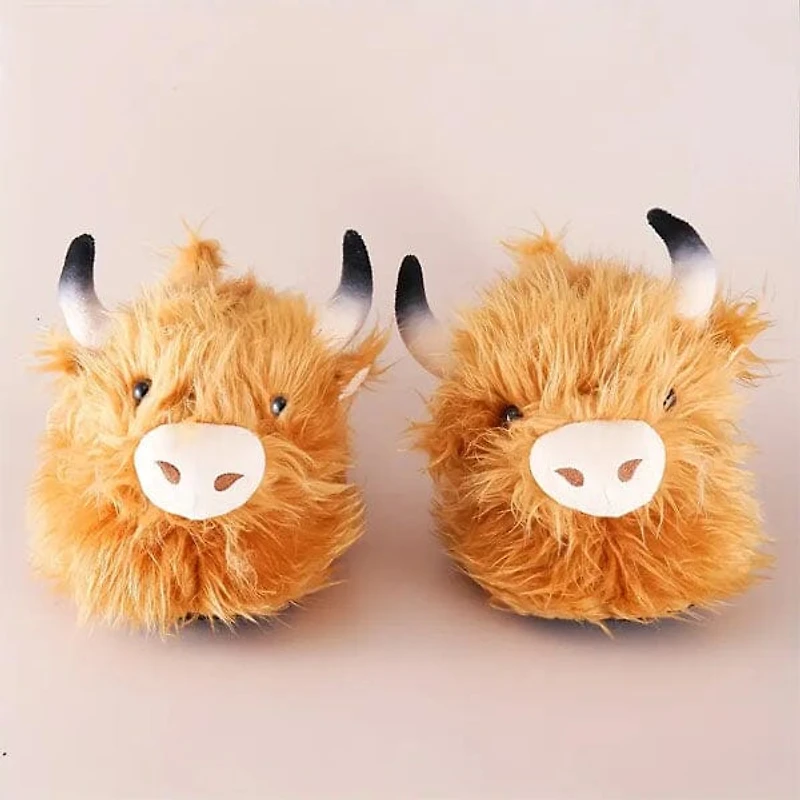 Fluffy Highland Cow Slippers Unisex Plush Rubber Sole Shoe (1 Pair) One-Size-Fits-Most