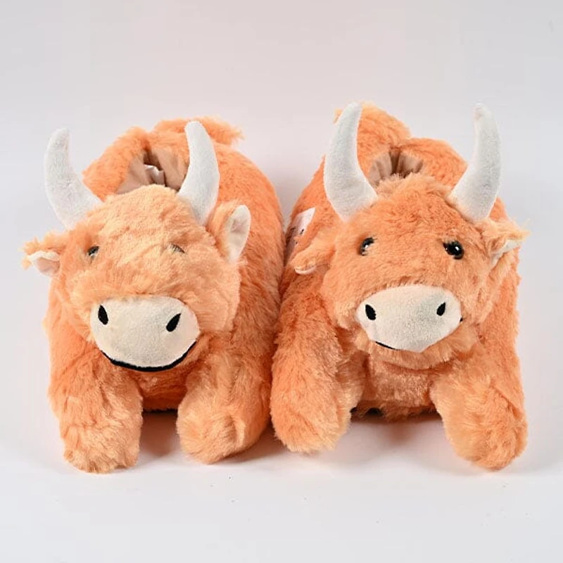 Fluffy Highland Cow Slippers Unisex Plush Rubber Sole Shoe (1 Pair) One-Size-Fits-Most