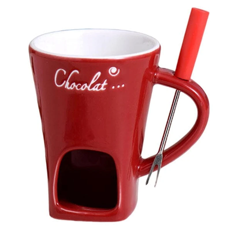 Fonduie Ceramic Mug For Chocolate & Cheese Fondue (Includes Fork & 3 Candles)