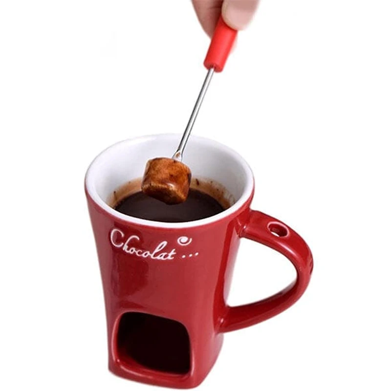Fonduie Ceramic Mug For Chocolate & Cheese Fondue (Includes Fork & 3 Candles)