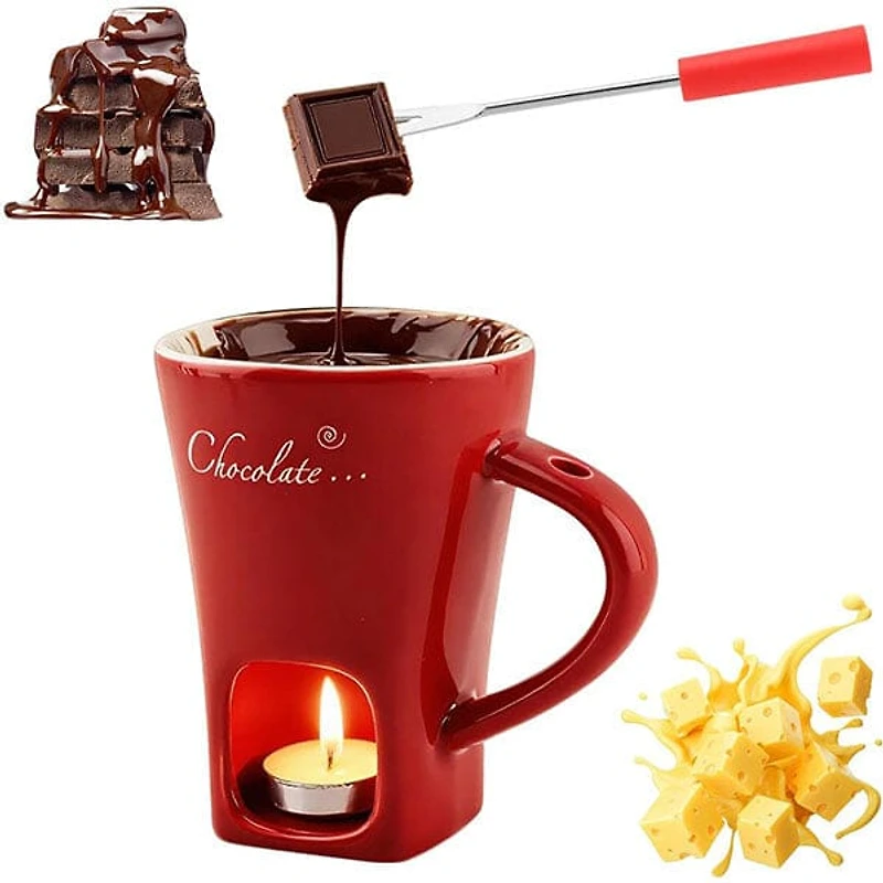 Fonduie Ceramic Mug For Chocolate & Cheese Fondue (Includes Fork & 3 Candles)