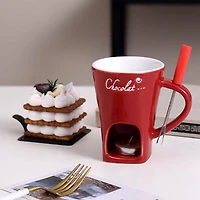 Fonduie Ceramic Mug For Chocolate & Cheese Fondue (Includes Fork & 3 Candles)
