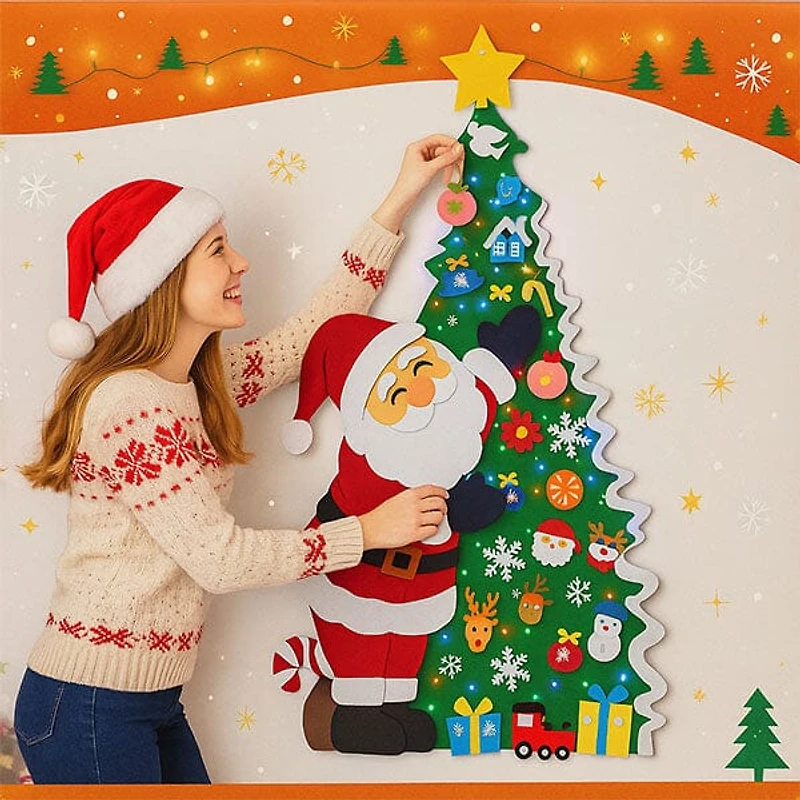 FunkyFir DIY 63" Felt Christmas Tree Wall Hanging w/ LED Lights & Ornaments