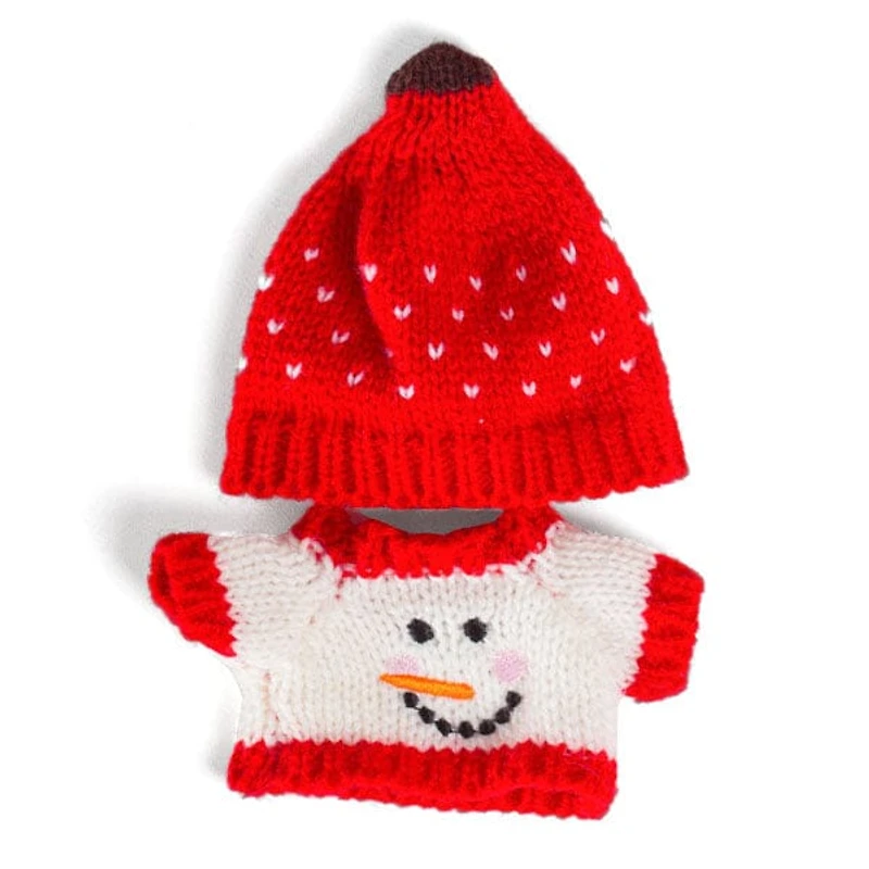 Outfit: Knitted Snowman Sweater & Matching Red Toque for Dolls - Petite Threads