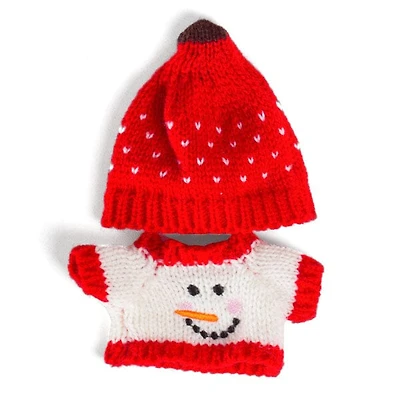 Outfit: Knitted Snowman Sweater & Matching Red Toque for Dolls - Petite Threads
