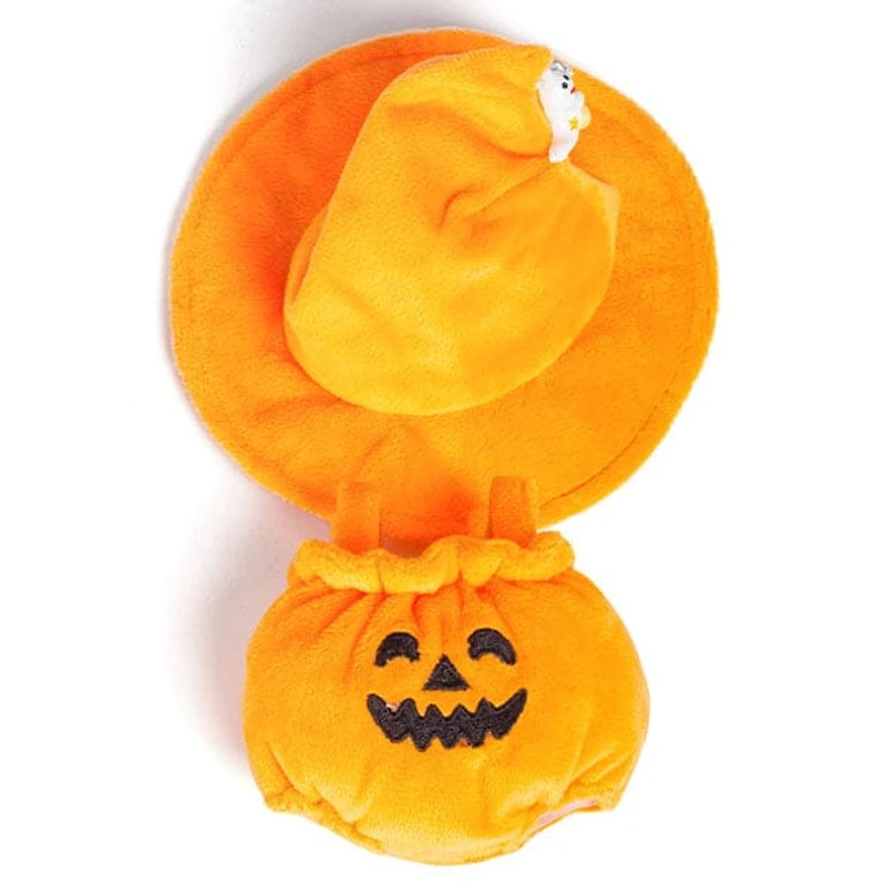 Outfit: Plush Halloween Pumpkin Costume & Matching Witch's Hat for Dolls - Petite Threads