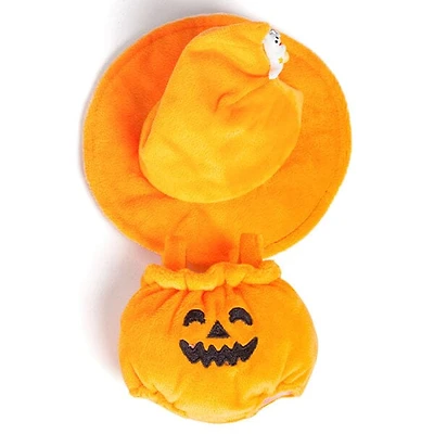Outfit: Plush Halloween Pumpkin Costume & Matching Witch's Hat for Dolls - Petite Threads