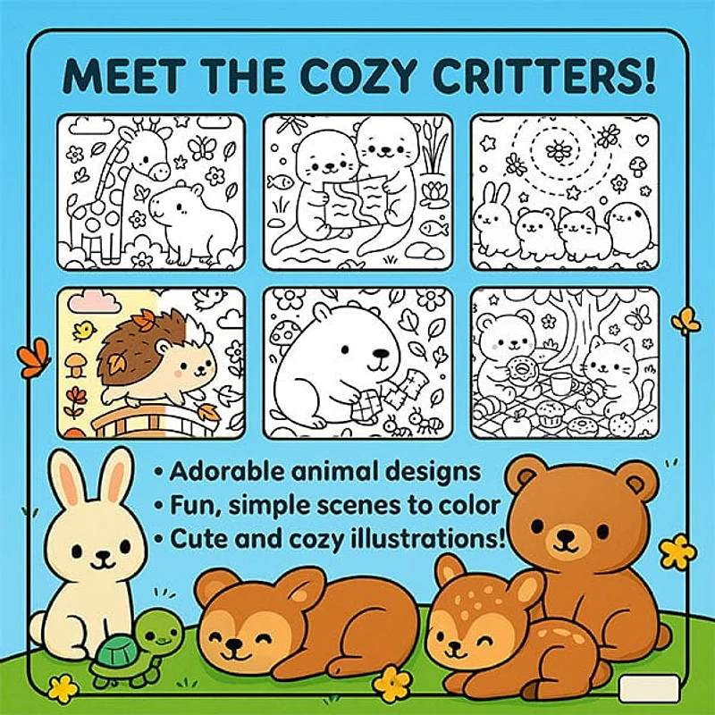 "A Cozy Critter Caravan" Cute Coloring Book for Adults and Teens By Kari Juna (44 Pages)