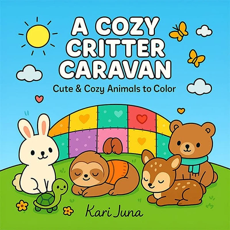 "A Cozy Critter Caravan" Cute Coloring Book for Adults and Teens By Kari Juna (44 Pages)