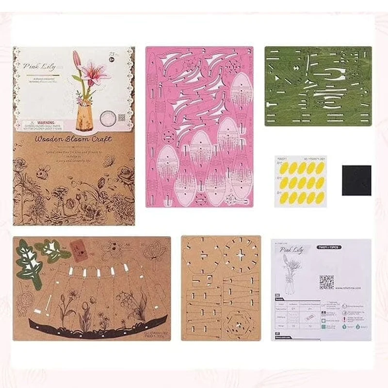 Rowood Pink Lily Flower Wooden Bloom Craft DIY Kit (73pc)