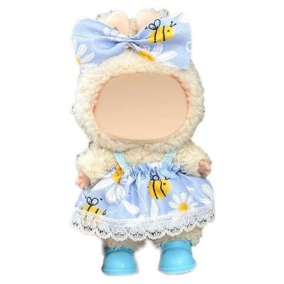 Outfit: Blue Bee Print Dress & Bow for Dolls - Petite Threads