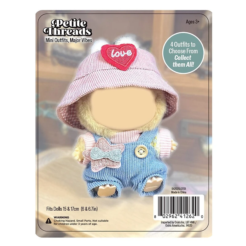 Outfit: Knit Blue & Pink Overalls & Hat for Dolls - Petite Threads