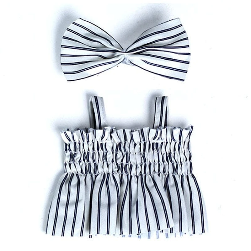 Outfit: Black & White Pin Striped Sun Dress w/ Matching Hair Bow for Dolls - Petite Threads