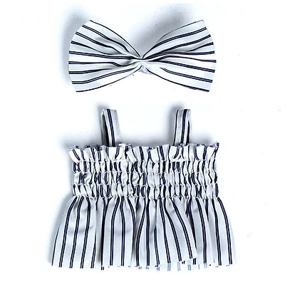 Outfit: Black & White Pin Striped Sun Dress w/ Matching Hair Bow for Dolls - Petite Threads