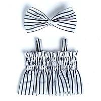 Outfit: Black & White Pin Striped Sun Dress w/ Matching Hair Bow for Dolls - Petite Threads