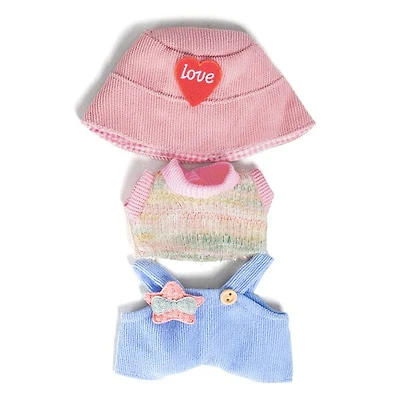 Outfit: Knit Blue & Pink Overalls & Hat for Dolls - Petite Threads