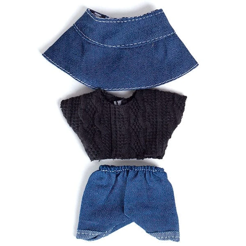Outfit: Black Cable Knit Sweater & Jeans w/ Matching Denim Bucket Hat for Dolls - Petite Threads