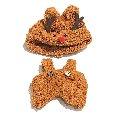 Outfit: Plush Reindeer Overalls & Matching Hat for Dolls - Petite Threads