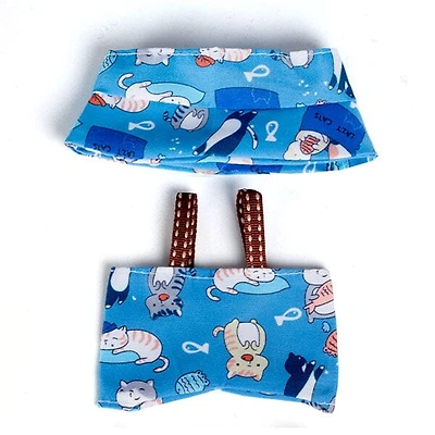 Outfit: Blue Cat Print Overalls & Hat for Dolls - Petite Threads