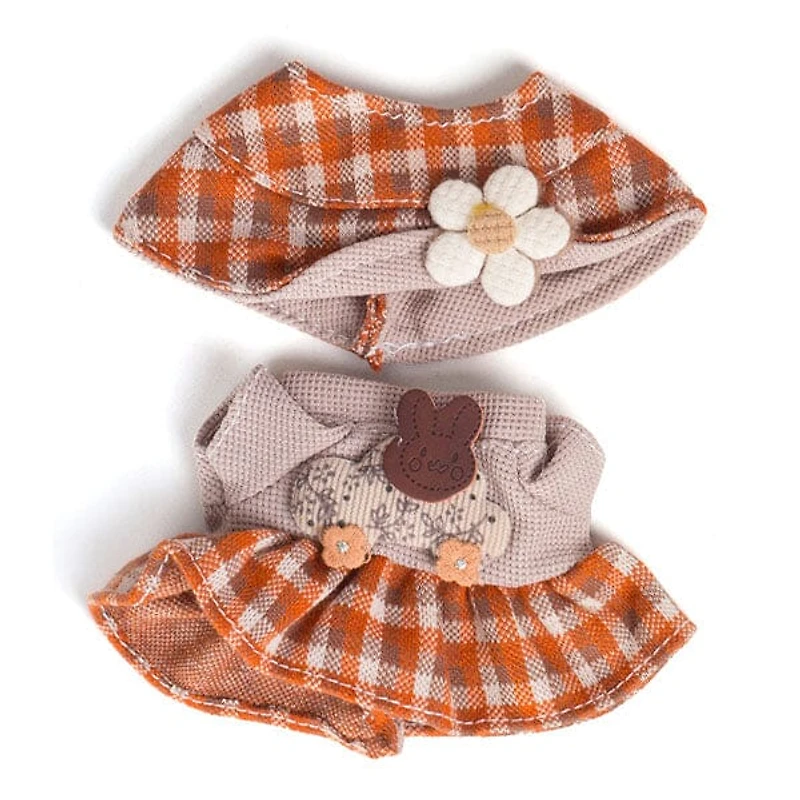 Outfit: Brown Plaid Skirt & Matching Hat w/ Grey Waffle Shirt for Dolls - Petite Threads